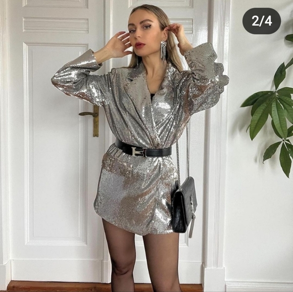 Zara 2pcs Shoulder pad sequin blazer + pants set - Picture 2 of 15